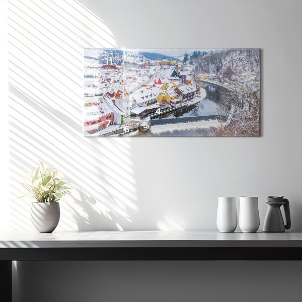 Glass wall clock rectangular Panorama of the city in winter