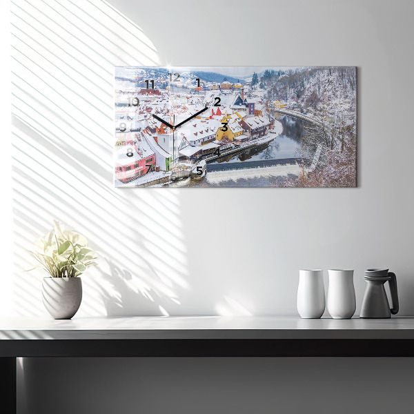Glass wall clock rectangular Panorama of the city in winter
