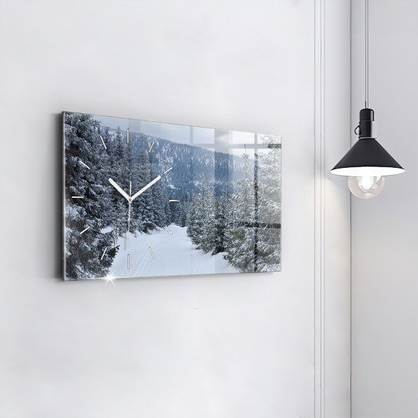 Glass wall clock rectangular Czech Giant Mountains in winter