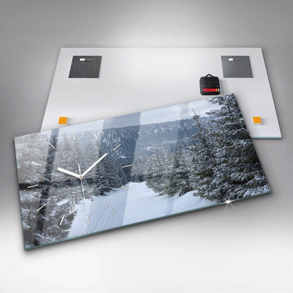 Glass wall clock rectangular Czech Giant Mountains in winter