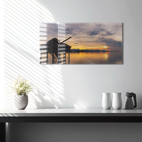 Glass wall clock rectangular Sunset over the lake
