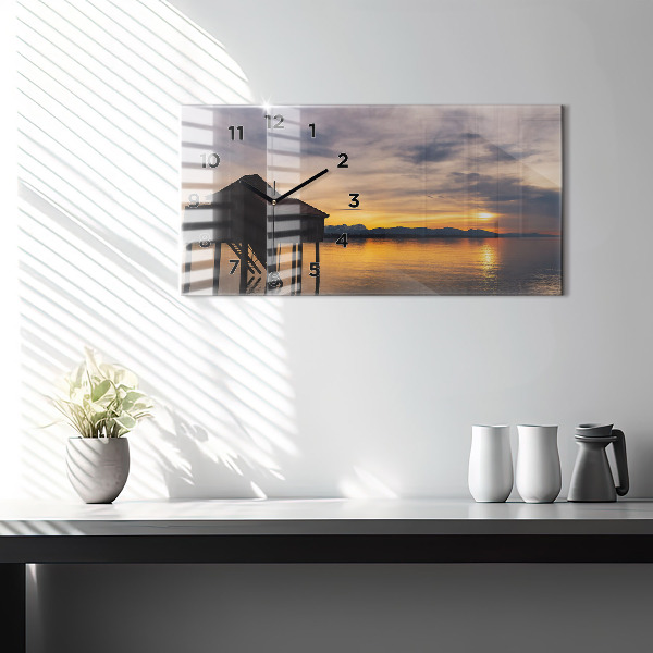 Glass wall clock rectangular Sunset over the lake