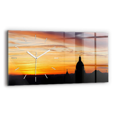 Glass wall clock rectangular Building and sunset
