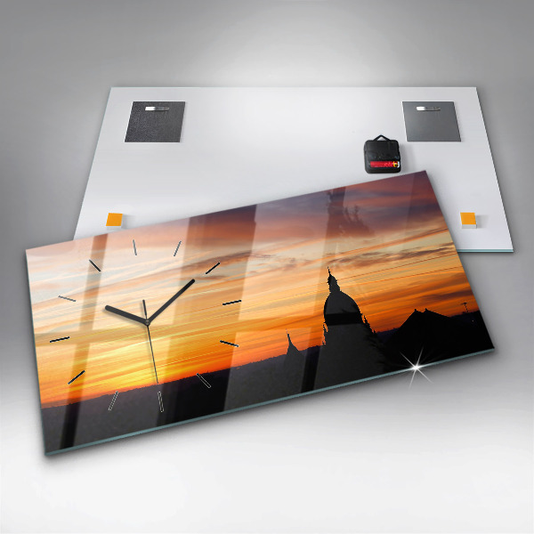 Glass wall clock rectangular Building and sunset