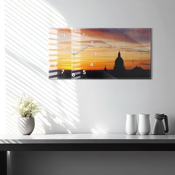 Glass wall clock rectangular Building and sunset