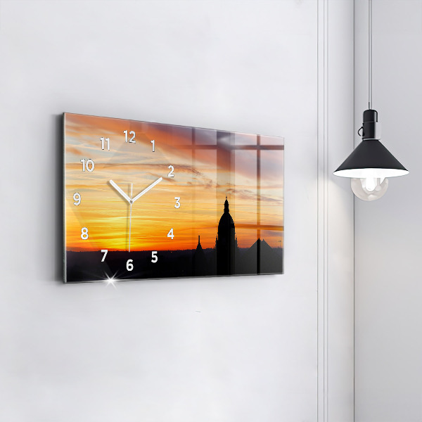 Glass wall clock rectangular Building and sunset