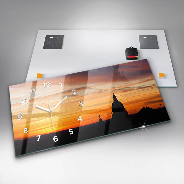 Glass wall clock rectangular Building and sunset