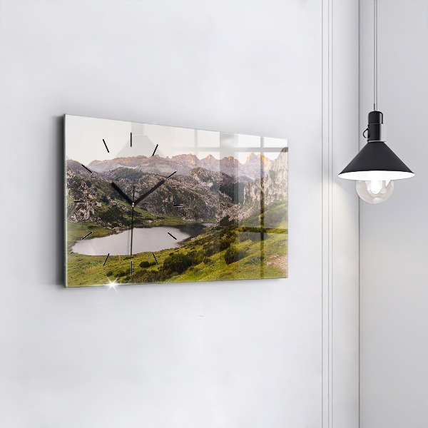 Glass wall clock rectangular Lake and Pyrenees Mountains