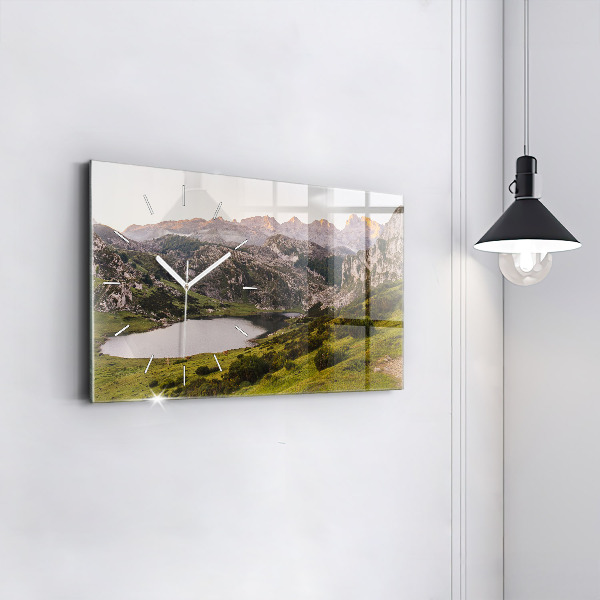 Glass wall clock rectangular Lake and Pyrenees Mountains