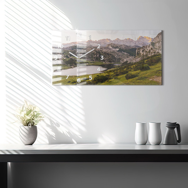 Glass wall clock rectangular Lake and Pyrenees Mountains