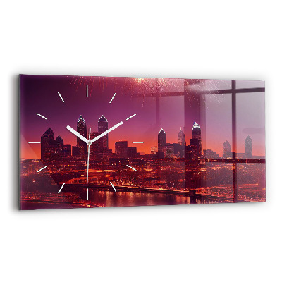 Glass wall clock rectangular Philadelphia City at Night