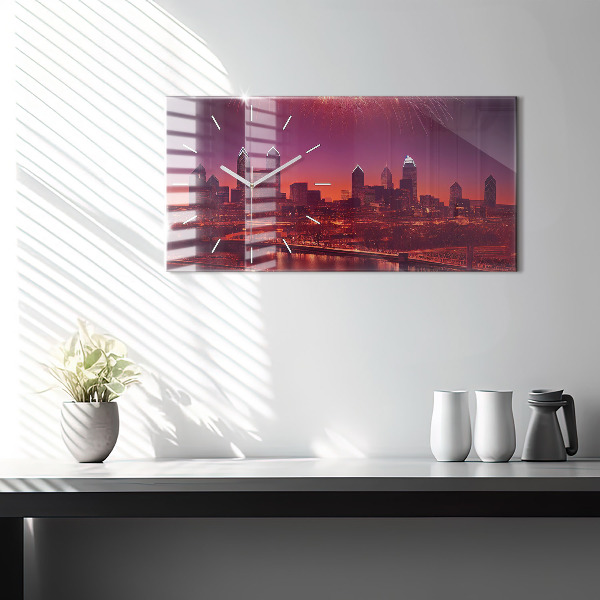 Glass wall clock rectangular Philadelphia City at Night