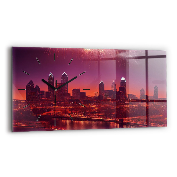 Glass wall clock rectangular Philadelphia City at Night