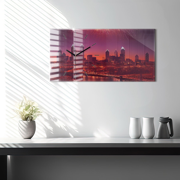 Glass wall clock rectangular Philadelphia City at Night