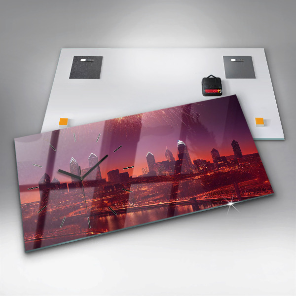 Glass wall clock rectangular Philadelphia City at Night