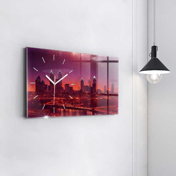 Glass wall clock rectangular Philadelphia City at Night