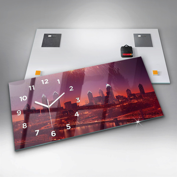 Glass wall clock rectangular Philadelphia City at Night