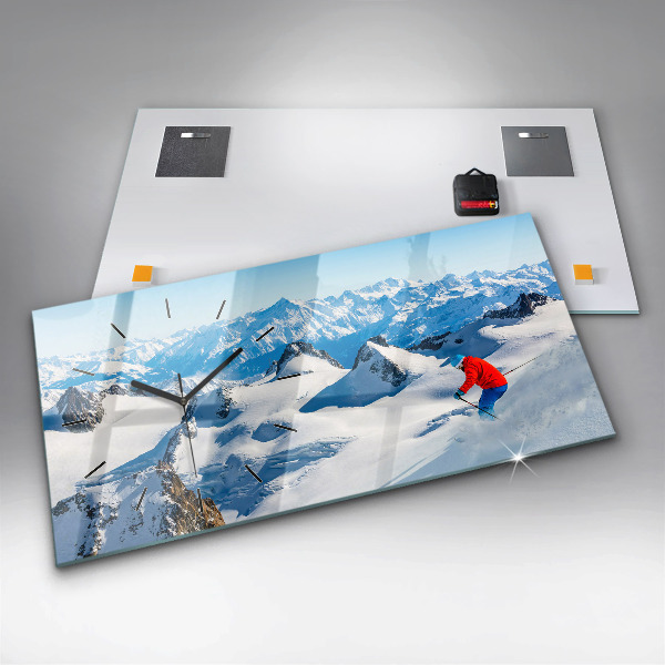 Glass wall clock rectangular Skier in the Alps