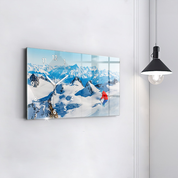 Glass wall clock rectangular Skier in the Alps