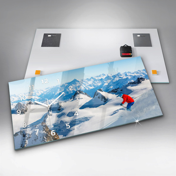 Glass wall clock rectangular Skier in the Alps