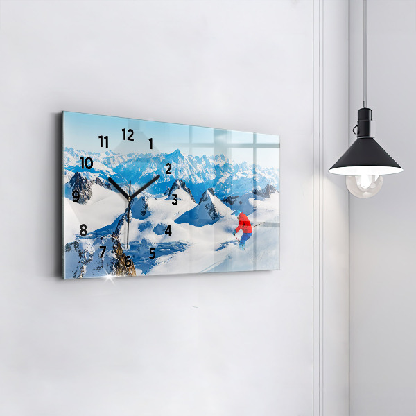 Glass wall clock rectangular Skier in the Alps