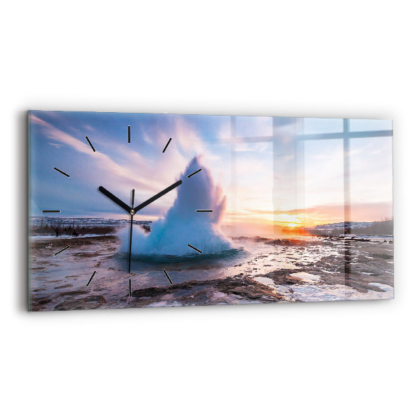 Glass wall clock rectangular Geyser on the island of Iceland