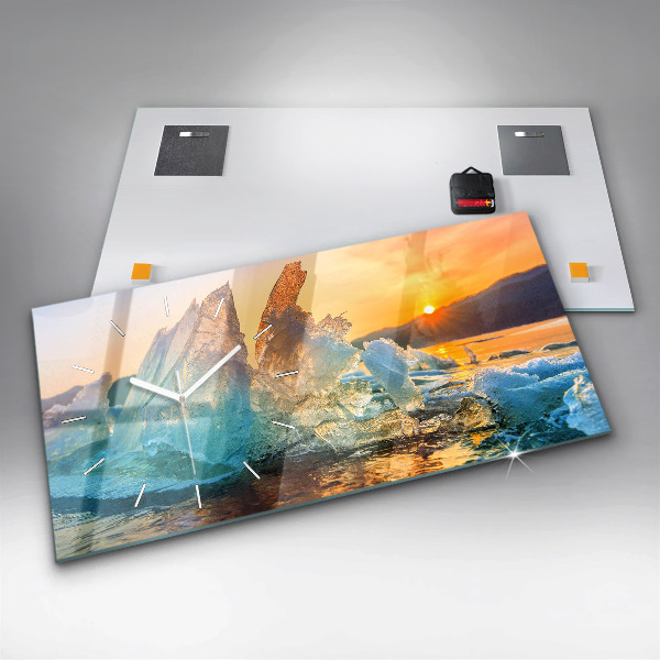 Glass wall clock rectangular Iceberg and sunrise