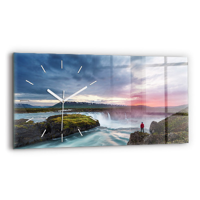Glass wall clock rectangular Landscape with a waterfall