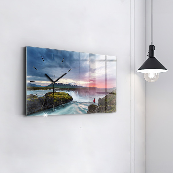 Glass wall clock rectangular Landscape with a waterfall