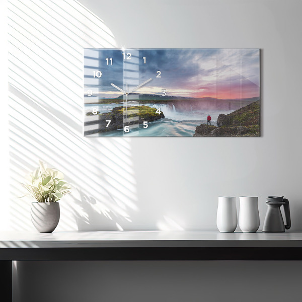 Glass wall clock rectangular Landscape with a waterfall