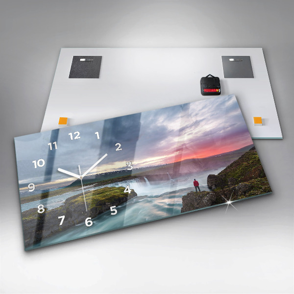 Glass wall clock rectangular Landscape with a waterfall