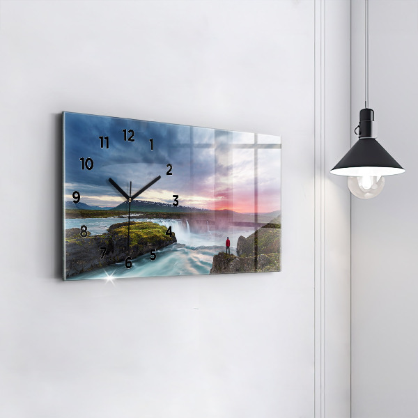 Glass wall clock rectangular Landscape with a waterfall