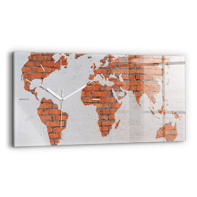Glass wall clock rectangular Brick world map
