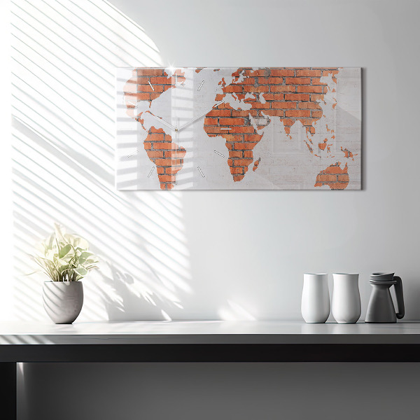 Glass wall clock rectangular Brick world map