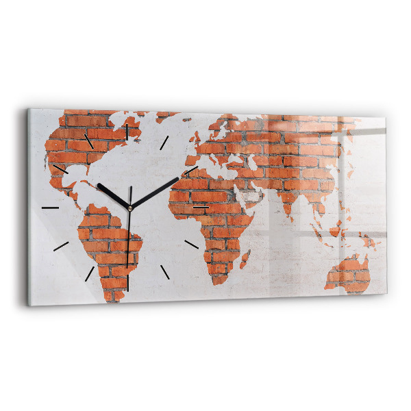Glass wall clock rectangular Brick world map