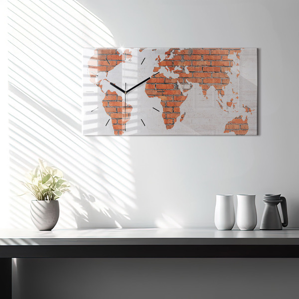 Glass wall clock rectangular Brick world map