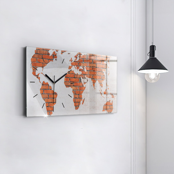 Glass wall clock rectangular Brick world map