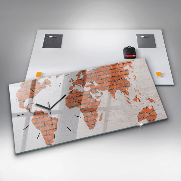 Glass wall clock rectangular Brick world map