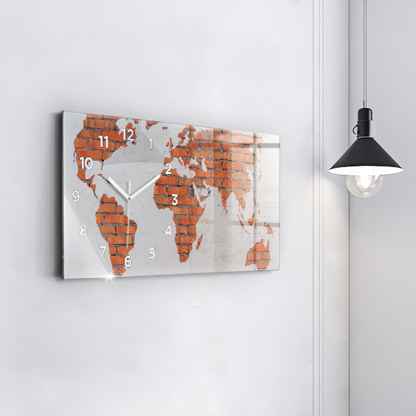 Glass wall clock rectangular Brick world map
