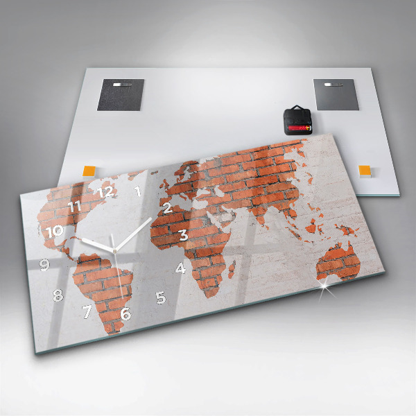 Glass wall clock rectangular Brick world map