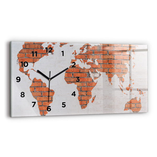Glass wall clock rectangular Brick world map