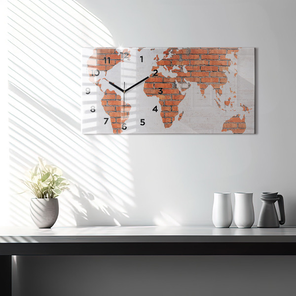 Glass wall clock rectangular Brick world map