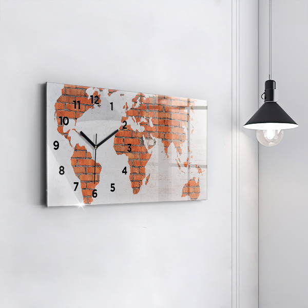 Glass wall clock rectangular Brick world map