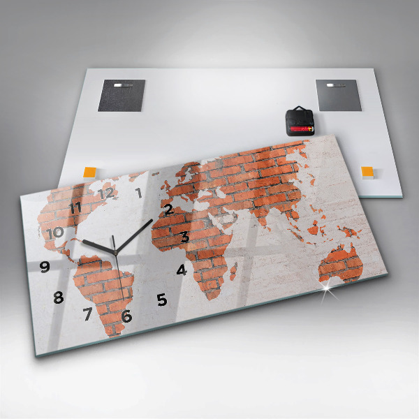 Glass wall clock rectangular Brick world map