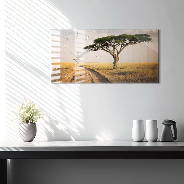 Glass wall clock rectangular African Landscape