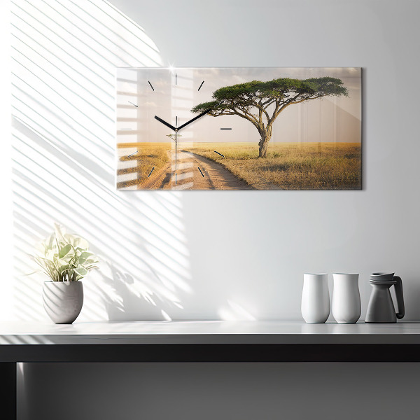 Glass wall clock rectangular African Landscape