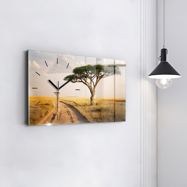 Glass wall clock rectangular African Landscape