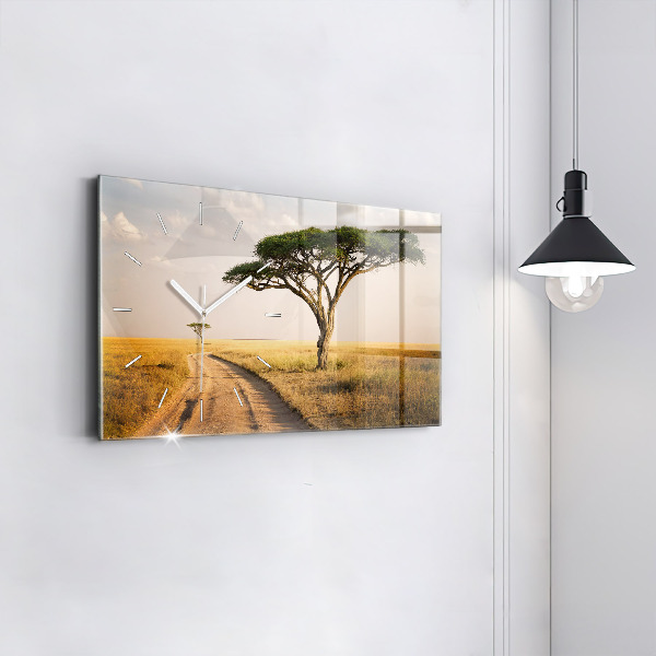 Glass wall clock rectangular African Landscape