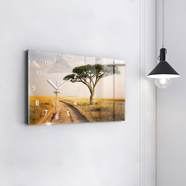 Glass wall clock rectangular African Landscape