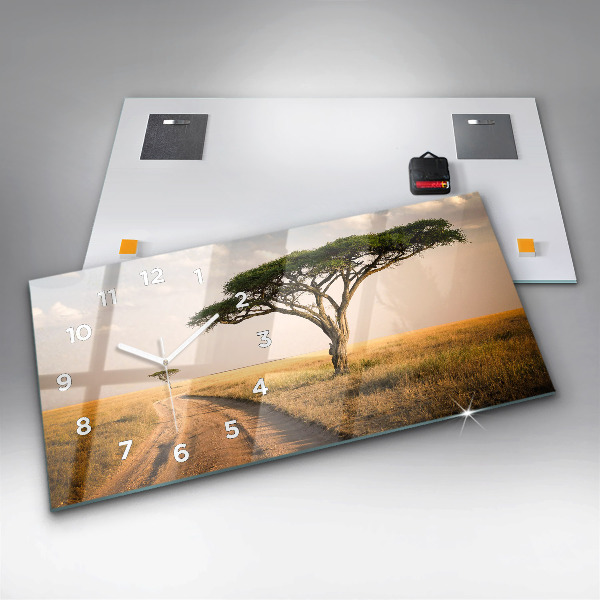 Glass wall clock rectangular African Landscape
